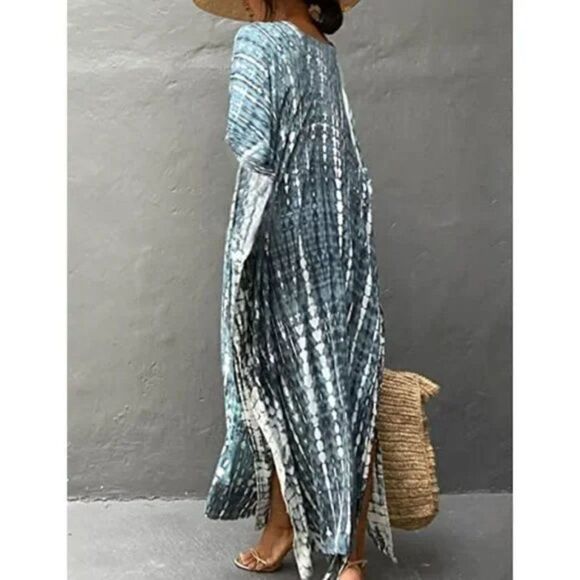 New Women Print Beach Kaftan Bathing Suit Cover Ups, blue Grey - Picture 2 of 6
